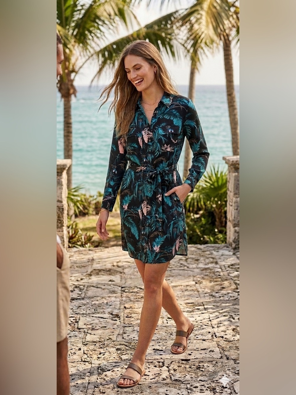 Equipment 100% Silk Tropical Palm Print Shirt Dress Teal Blue Long Sleeve Mini M